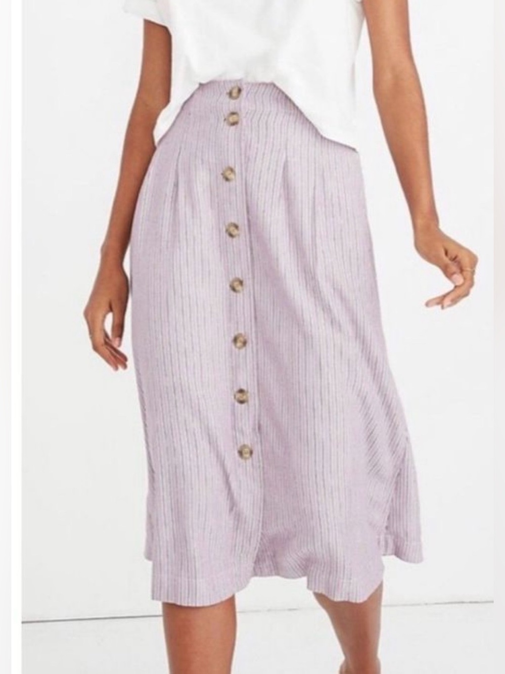 Madewell Lavender Striped Button-Front Midi Skirt